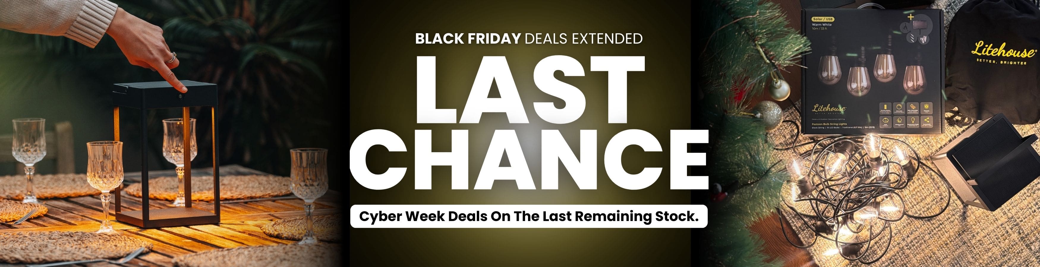 Black Friday sale banner with text 'Last Chance' and product images on a dark background.