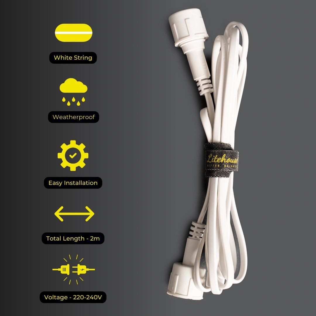 Litehouse 2m Extension Cord Accessory for Plug - In Mini Bulb String Lights - 220 - 240V, White - Litehouse