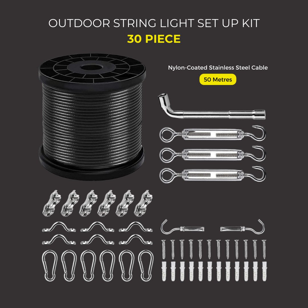 Litehouse Set Up Kit for Hanging Long Distance Bulb String Lights - 30 Piece - Litehouse