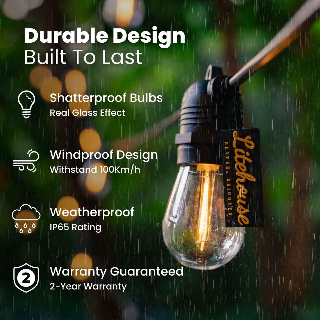 Solar Festoon Bulb String Lights - Traditional Bulbs, Black - Litehouse