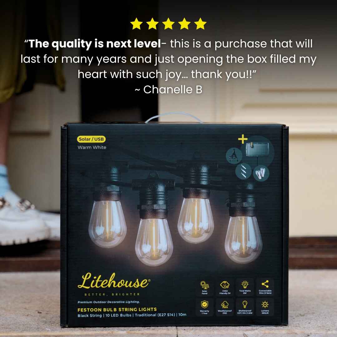 Solar Festoon Bulb String Lights - Traditional Bulbs, Black - Litehouse