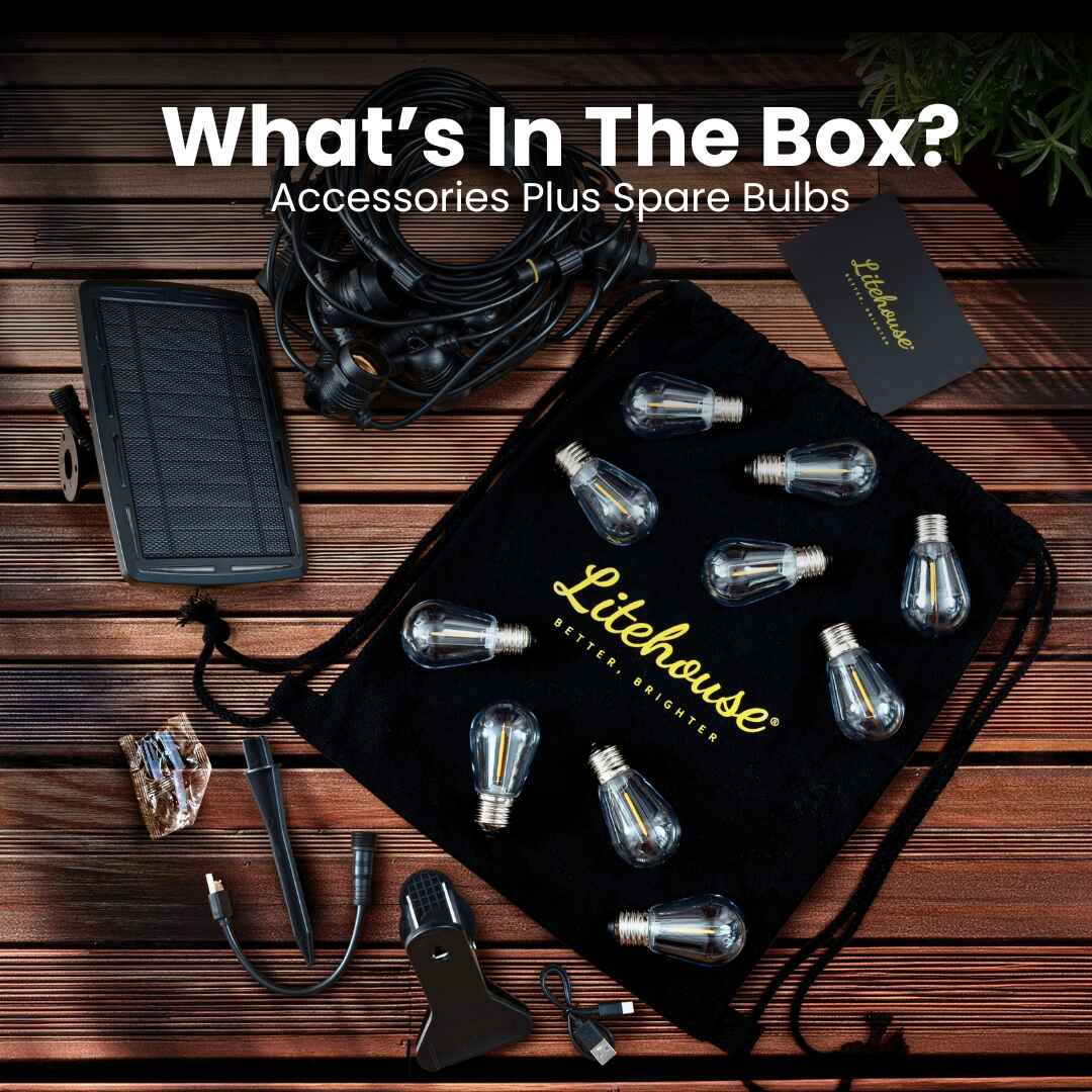 Solar Festoon Bulb String Lights - Traditional Bulbs, Black - Litehouse