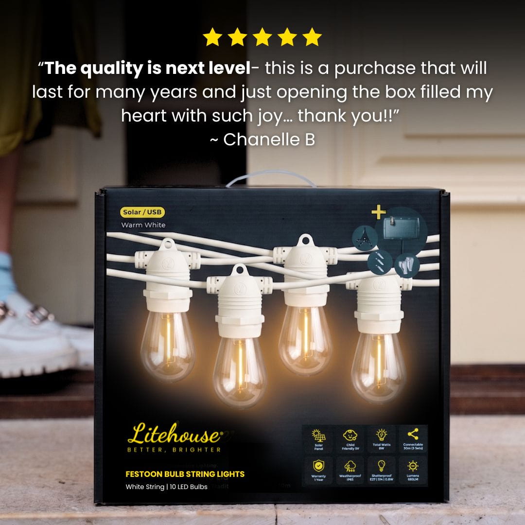 Solar Festoon Bulb String Lights - White - Litehouse (Pty) Ltd