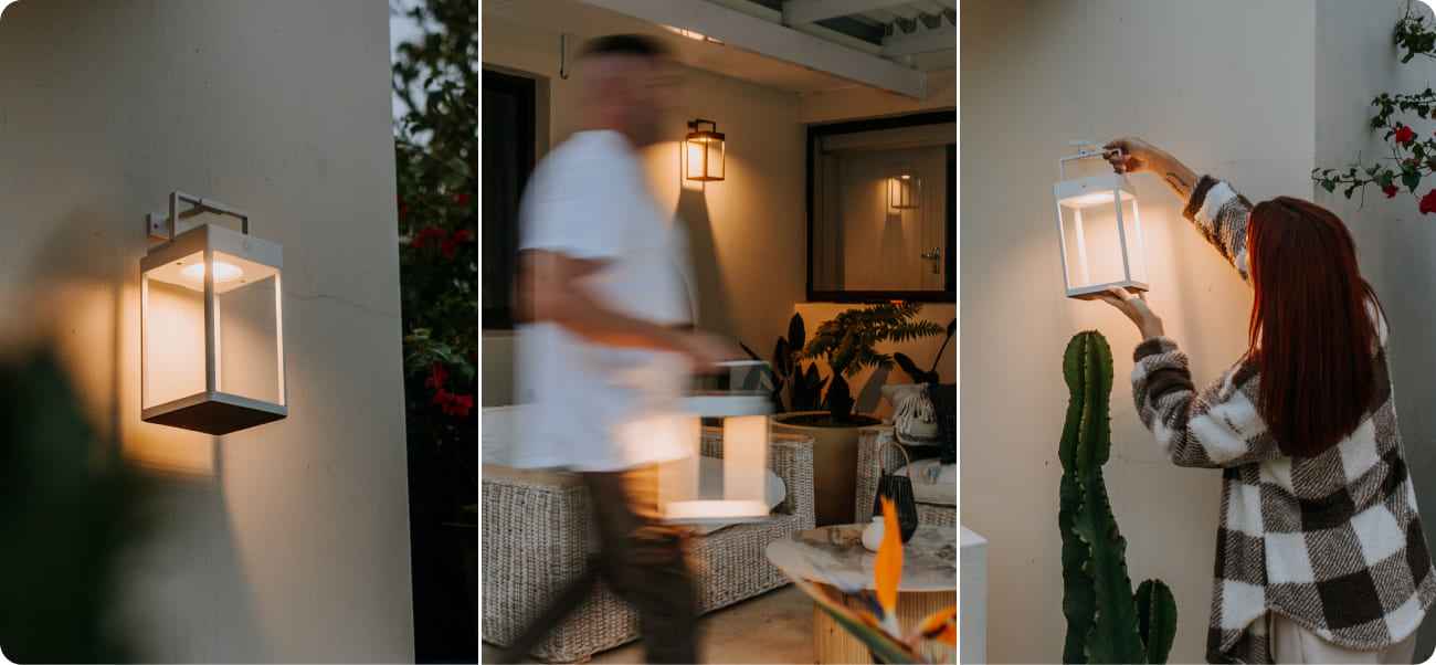Collage of a person using a lantern in a home setting