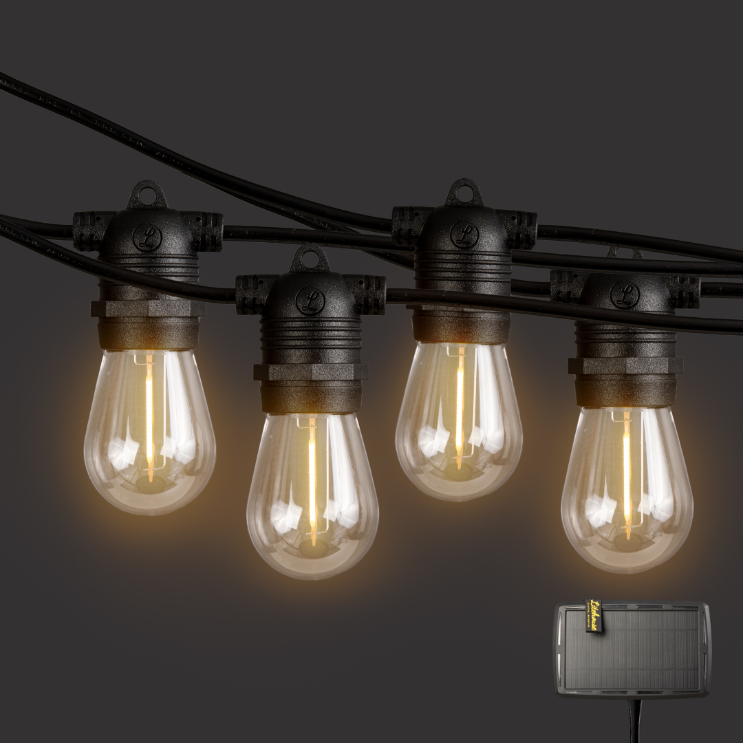 Solar Festoon Bulb String Lights - Traditional LED Bulbs, Black