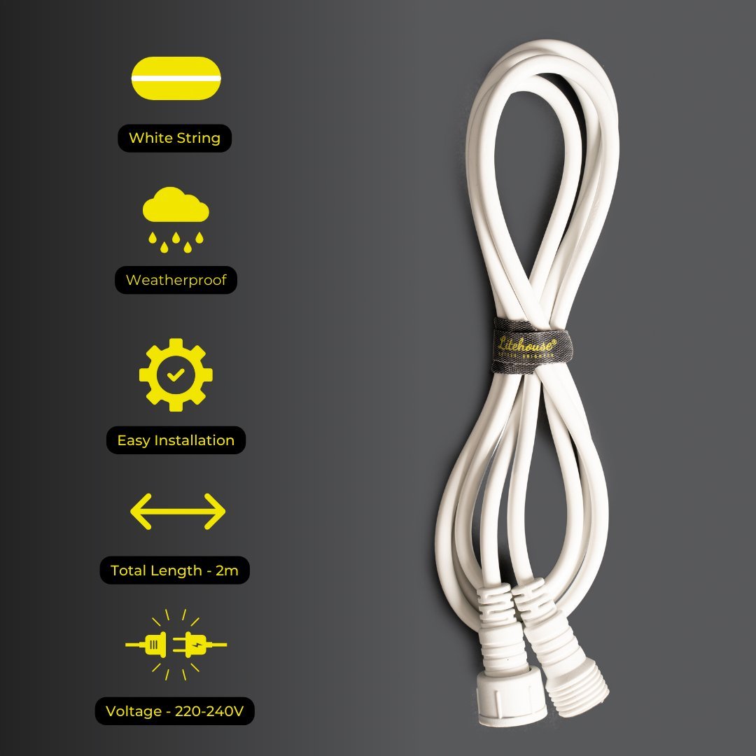 Litehouse 2m Extension Cord Accessory for Plug - In Festoon Bulb String Lights - 220 - 240V, White - Litehouse