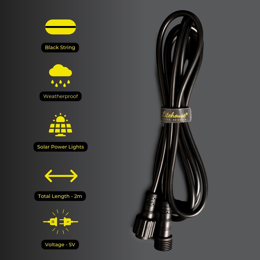 Litehouse 2m Extension Cord Accessory for Solar Festoon Bulb String Lights - 5V, Black - Litehouse