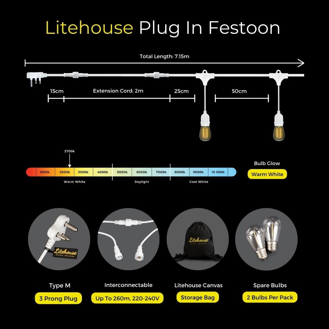 Litehouse 50cm Bulb Spacing Plug - In Festoon Bulb String Lights - Traditional LED Bulbs, White - Litehouse
