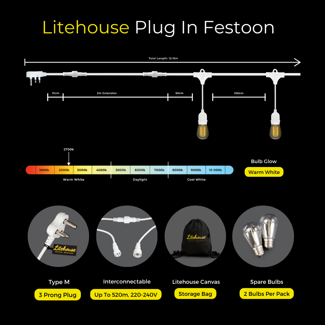 Litehouse Plug - In Festoon Outdoor Bulb String Lights - Traditional LED Bulb, White - Litehouse