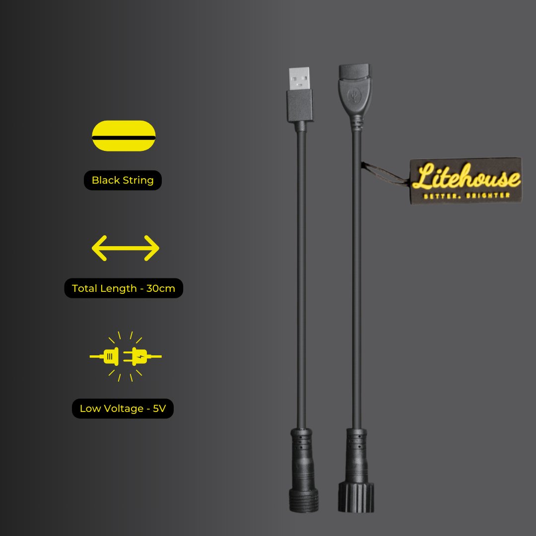 Litehouse USB Adapter Cord Accessory for Solar Festoon Bulb String Lights - 5V, Black - Litehouse