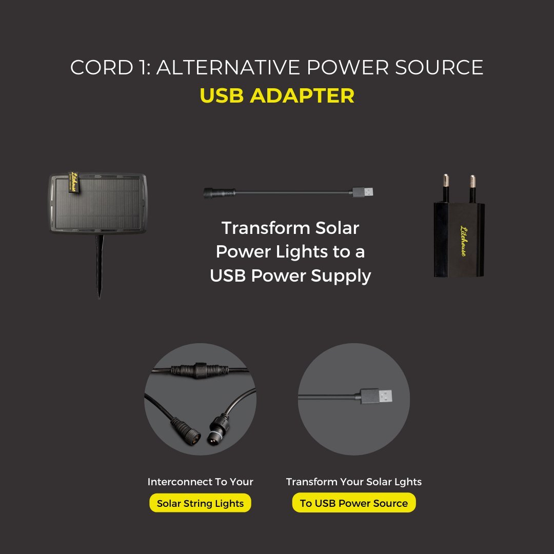 Litehouse USB Adapter Cord Accessory for Solar Festoon Bulb String Lights - 5V, Black - Litehouse