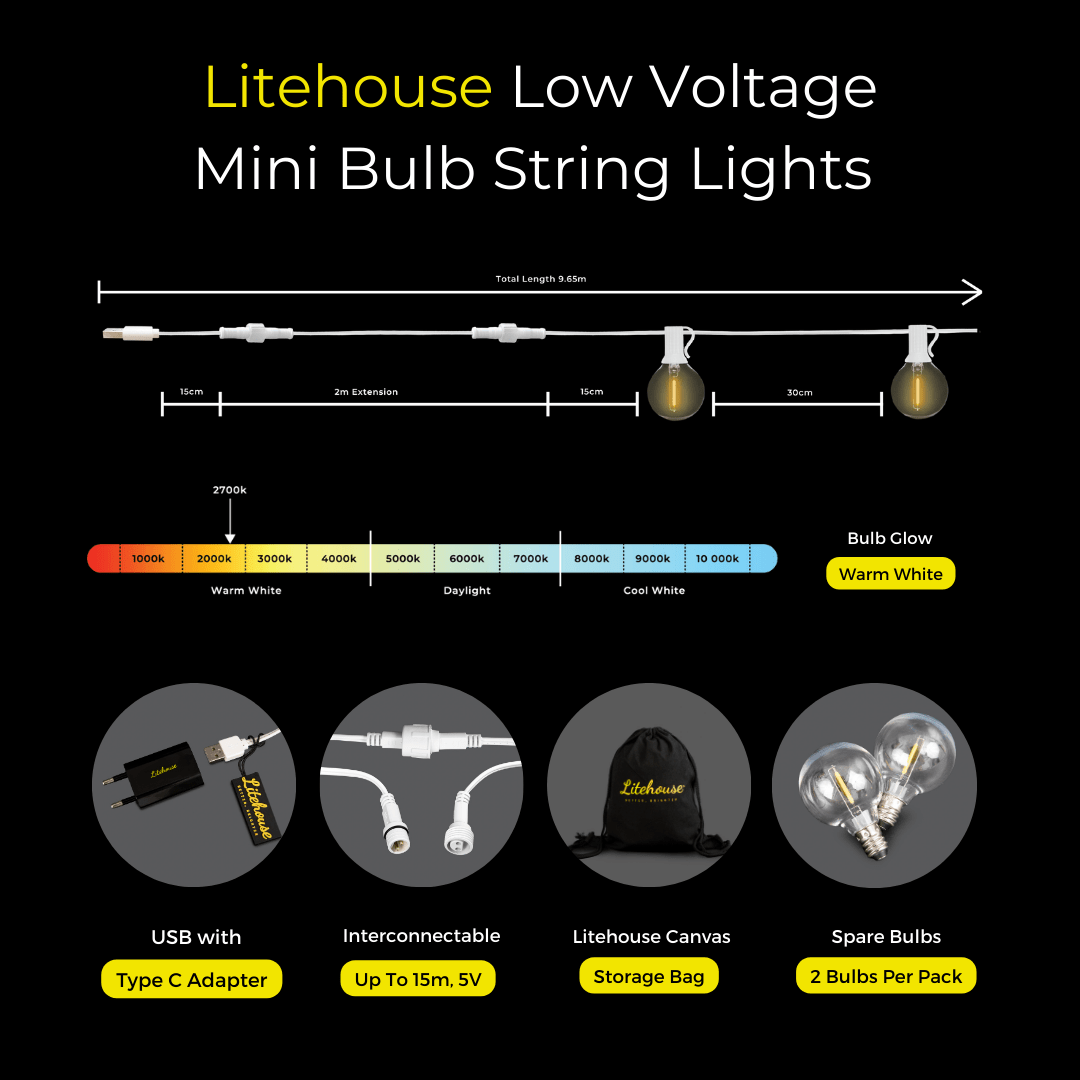 Litehouse USB Mini Bulb String Lights - Classic LED Bulbs, White - Litehouse